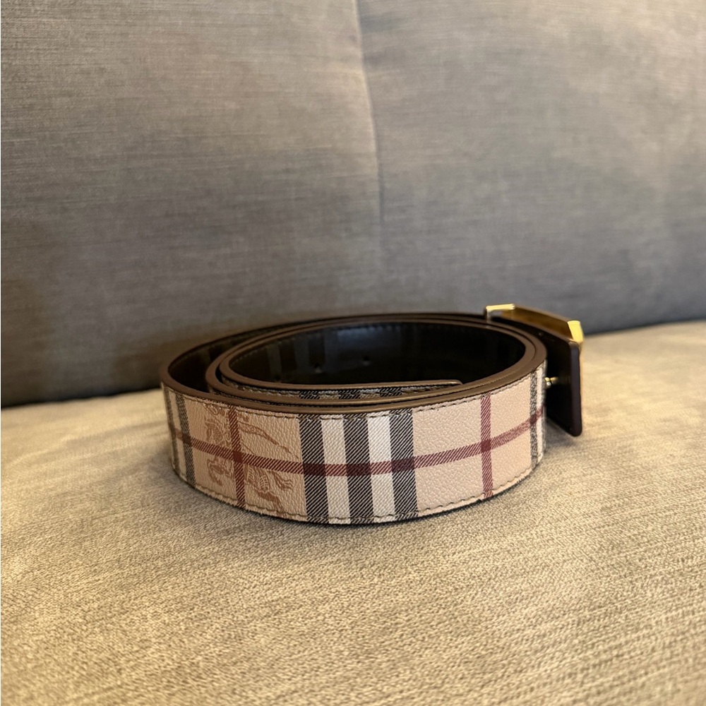 Burberry Brown / Beige Belt with Gold Buckle Men - Picture 2 of 5